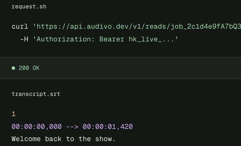Audivo's API in a dark terminal: a curl request for an episode transcript, a 200 OK response and the first timed lines of the SRT file.